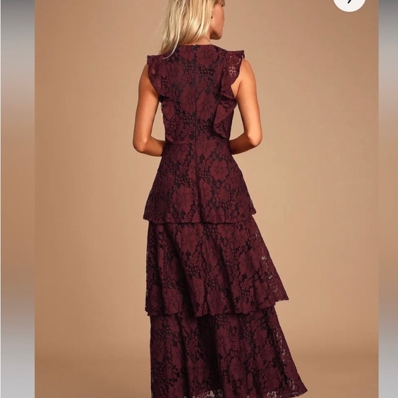 Lulu's Molinetto Lace Ruffled Tiered Sleeveless Maxi Dress in Burgundy, Size S - Picture 2 of 14